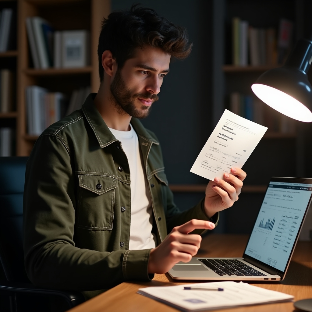 Young man examining car purchase documents at a dealership