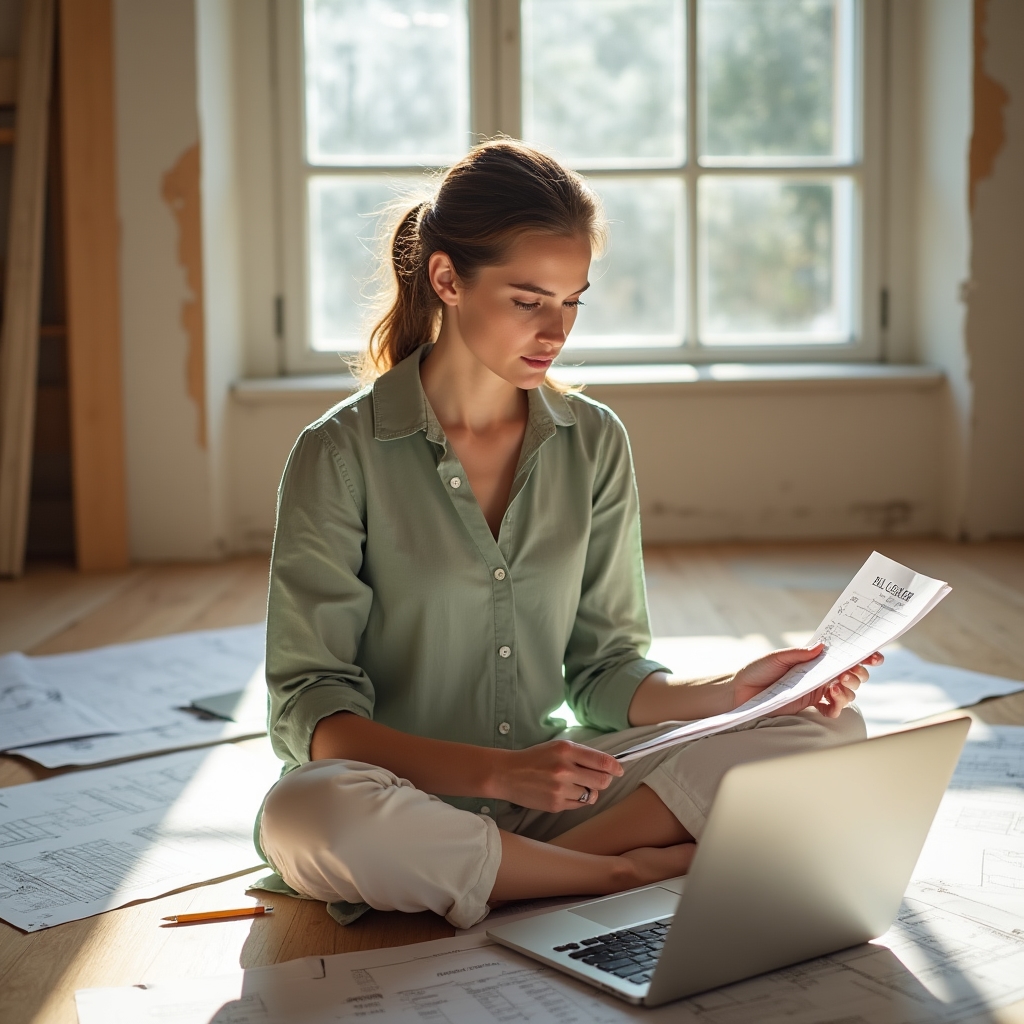 Young woman reviewing renovation plans and budget spreadsheet at home