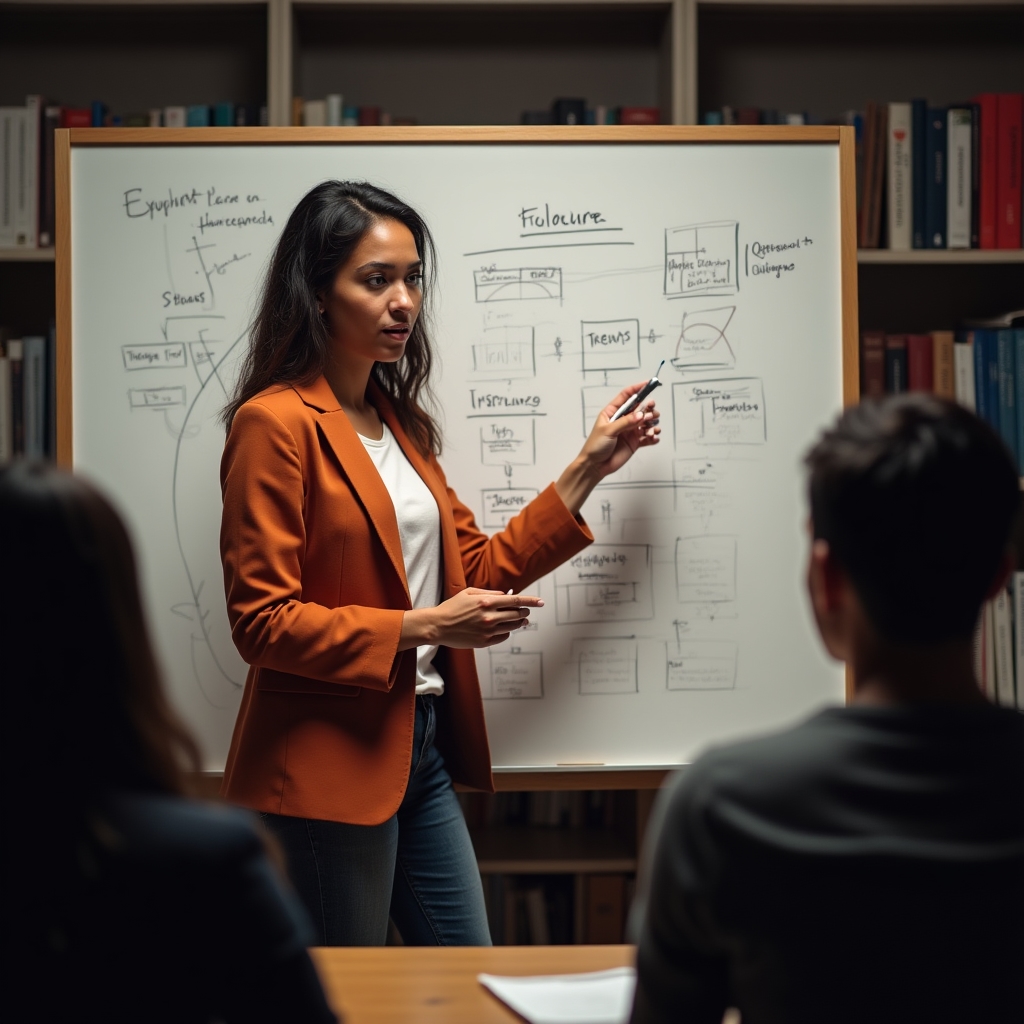 Female instructor explaining a financial planning diagram to a small group in a classroom setting