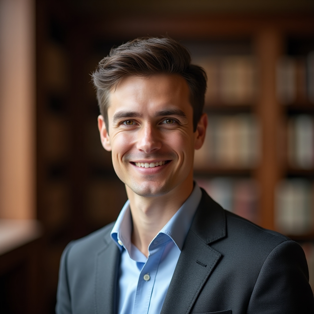 Male financial educator in his late twenties, professional attire, in a library setting