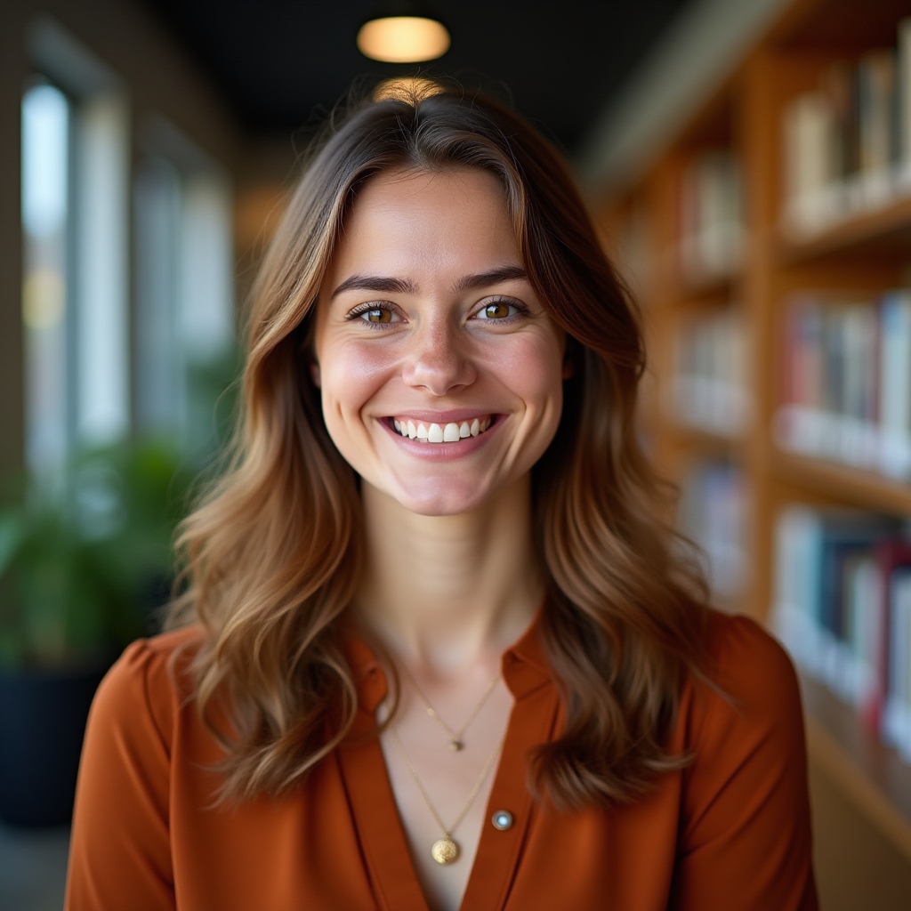 Female financial educator in her late twenties, warm expression, professional setting with bookshelves