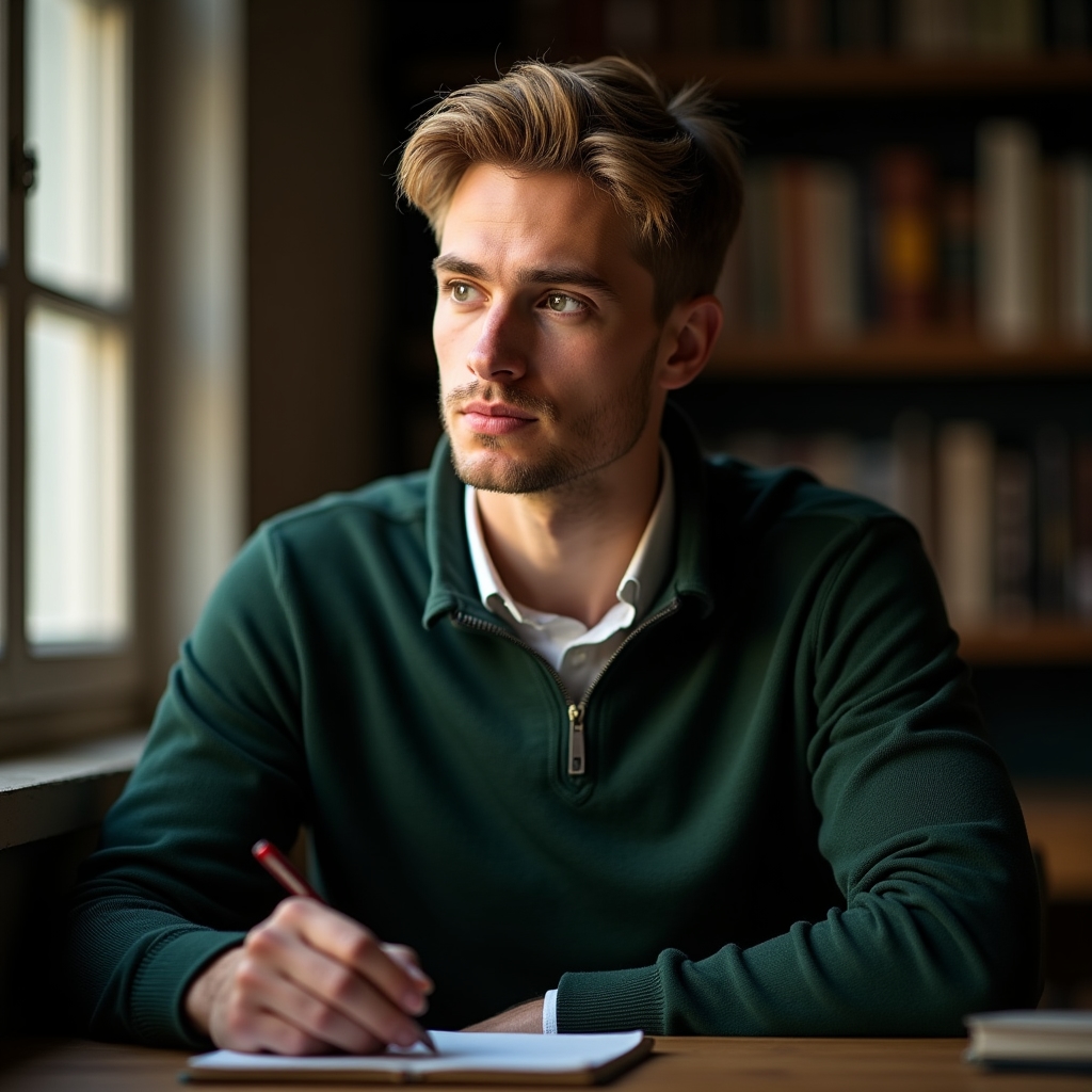 Male financial educator in his mid-twenties, focused expression, academic environment