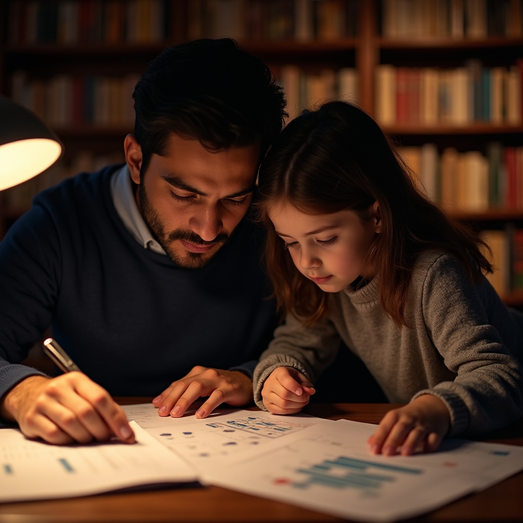 Parent and child discussing university savings plan with documents on a table