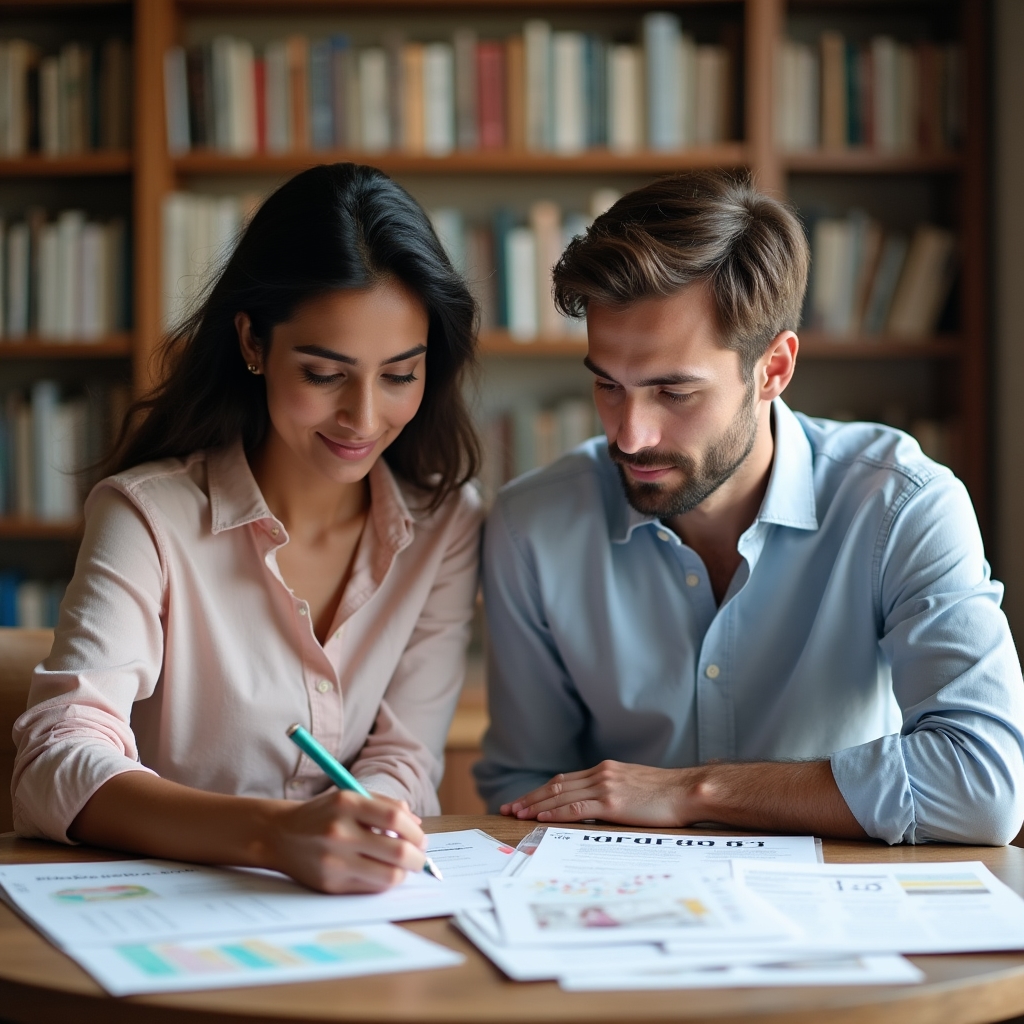 Couple reviewing wedding budget documents together at a table